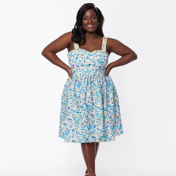 Unique Vintage Dresses & Skirts - Smurfs X Unique Vintage Smurf Floral Print Pinafore Swing Dress, NWT